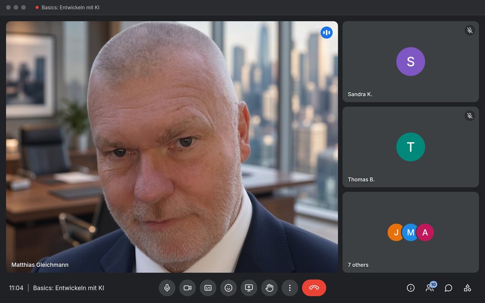 Video call window: Matthias Gleichmann speaking from his office, participant tiles on the right